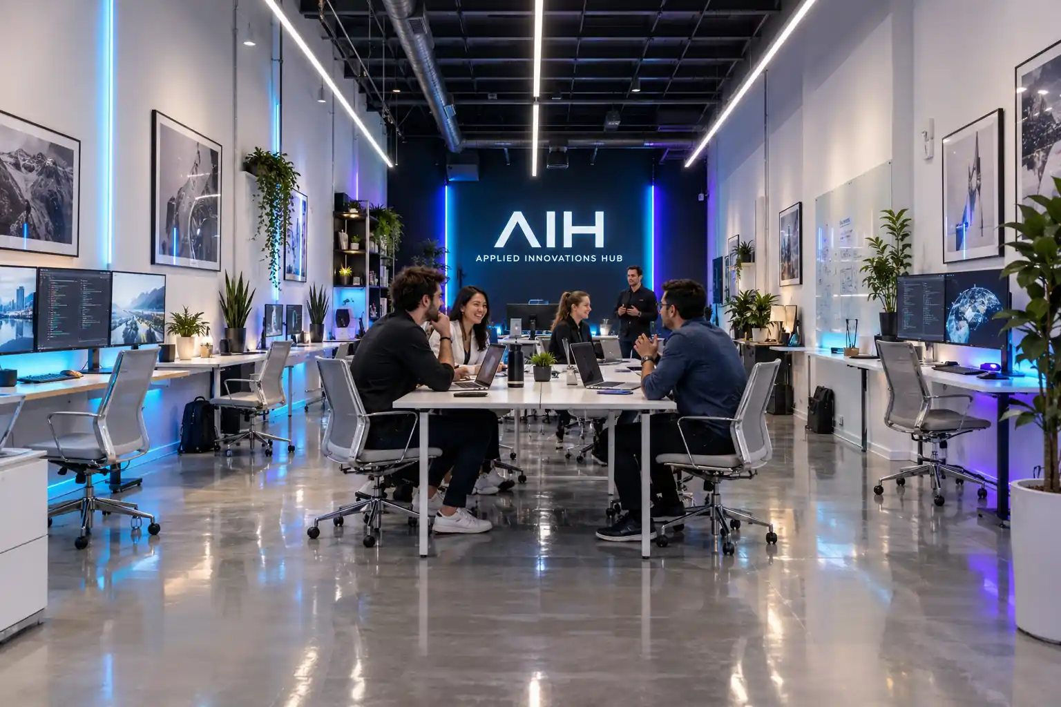 AI-generated future workshop concept with participants, slim wall desks, glossy epoxy flooring and AIH blue lighting